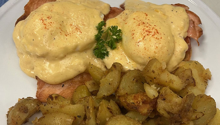 Eggs benedict with hashbrowns from Cafe Catron in Santa Fe New Mexico